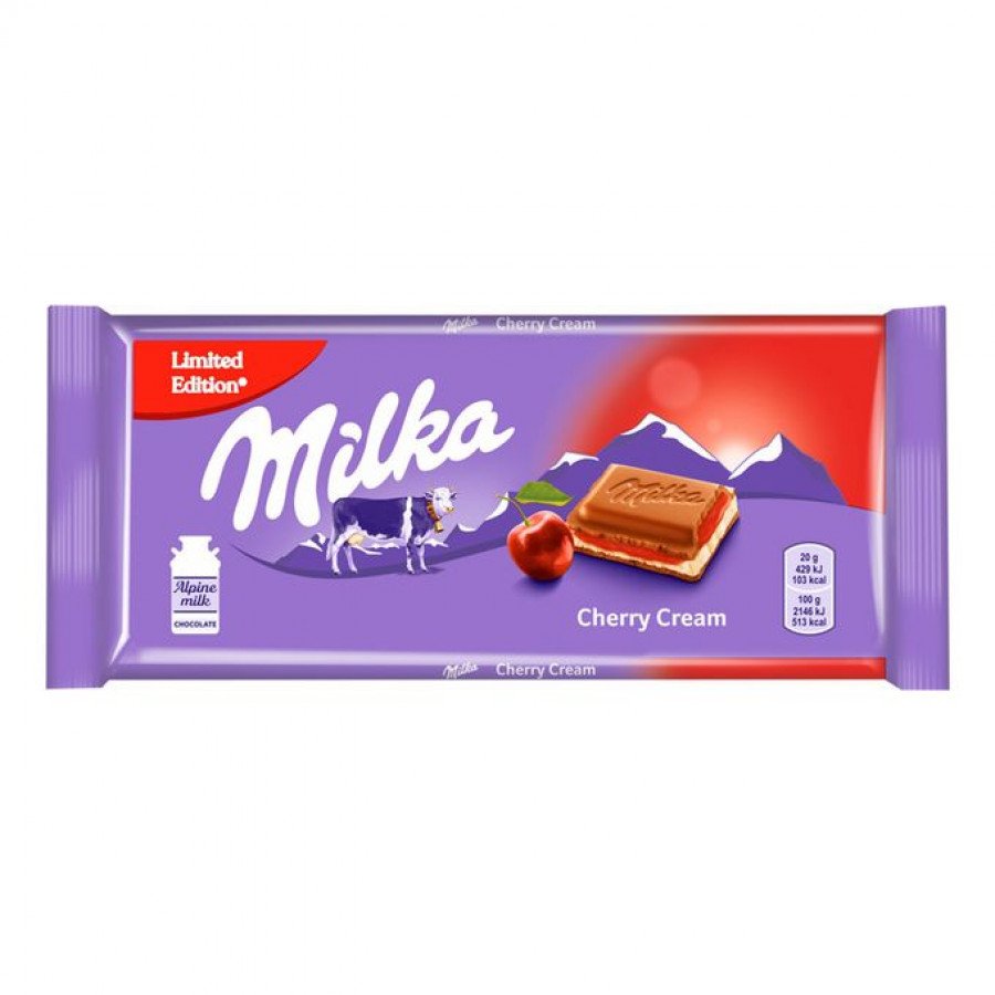 Фото и внешний вид — Милка Шоколадная плитка 100гр Вишневый Крем (22шт/уп)